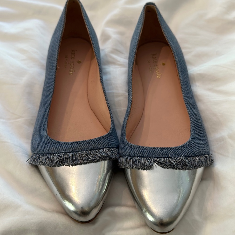 Kate Spade Denim Fringe & Silver Cap Toe Ballet Slipper Flats, 8